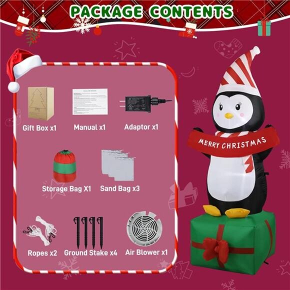 6FT Christmas Penguin Inflatables Decoration with LED Lights, Blow Up Decoration - Picture 6 of 6